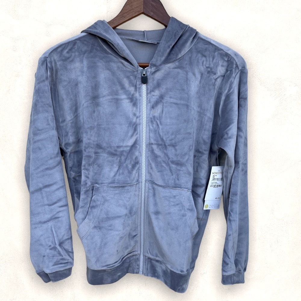 Zella Velour Crushed Velvet Full-Front Zipper Hooded Jacket, Grey Dapple M(8/10)